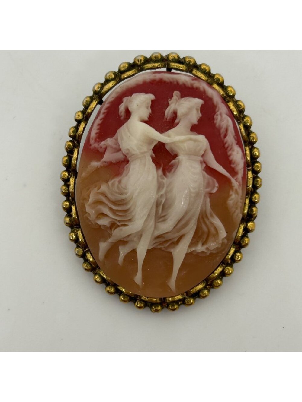 Vintage Coro Signed Cameo Brooch Two Dancing Graces Design In Resin Gold-Tone